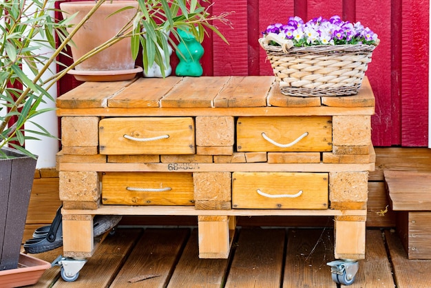 Close-up de planta em vaso em gavetas de madeira contra a parede