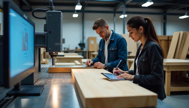Retrato de restauradores masculinos e femininos trabalhando com móveis de madeira na oficina