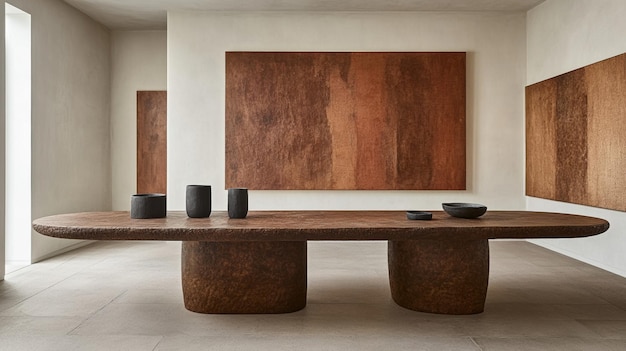 Modern Minimalist Interior Design with Wooden Table and Wall Panels