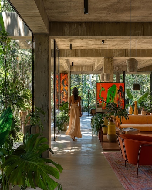 uma mulher de vestido está andando por uma sala com uma pintura na parede