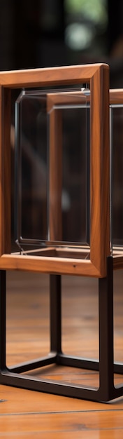 moldura vertical vazia em mesa de madeira em sala de estar moderna