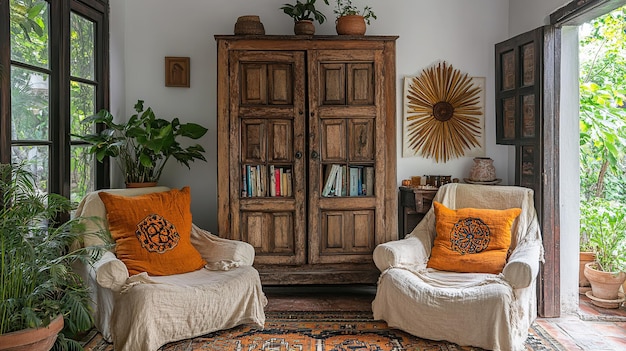 Sala de estar aconchegante com armário de madeira antigo, almofadas laranjas, plantas e porta aberta.