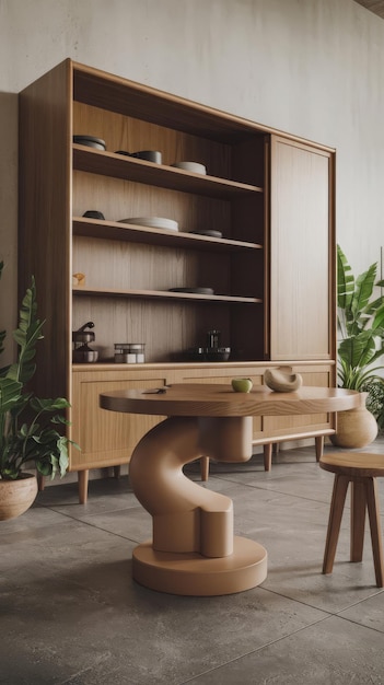Cozinha moderna com armário de madeira e mesa abstrata única render interior 3D