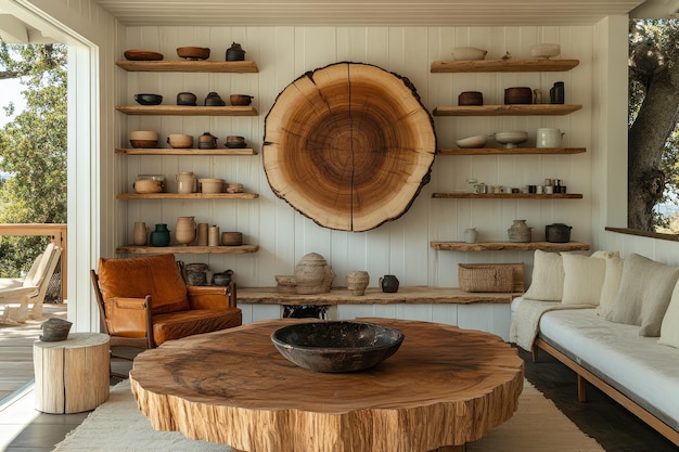 Interior de sala de estar rústica com prateleira de madeira grande tronco de árvore mesa de café e decoração natural