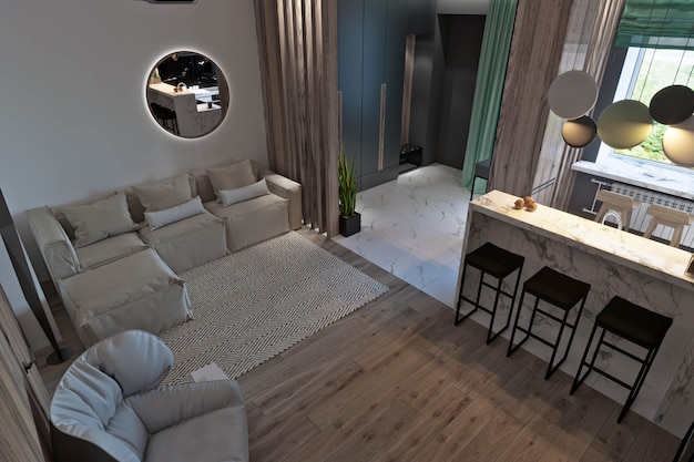 Sala com cozinha, hall e sala de jantar, lareira, painéis de madeira e mármore