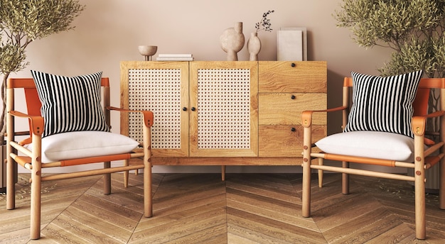 Interior boho-beige japonês com fundo de poltrona Sala de estar australiana natural moderna Mockup de parede marrom vazia renderização 3D Ilustração 3D de alta qualidade