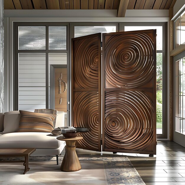 porta de madeira arrafada com um design circular em uma sala de estar