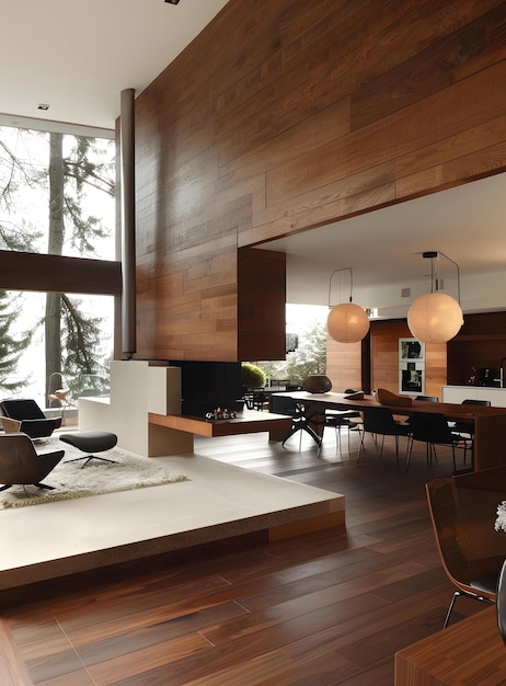 Design interior moderno com lareira e grandes janelas